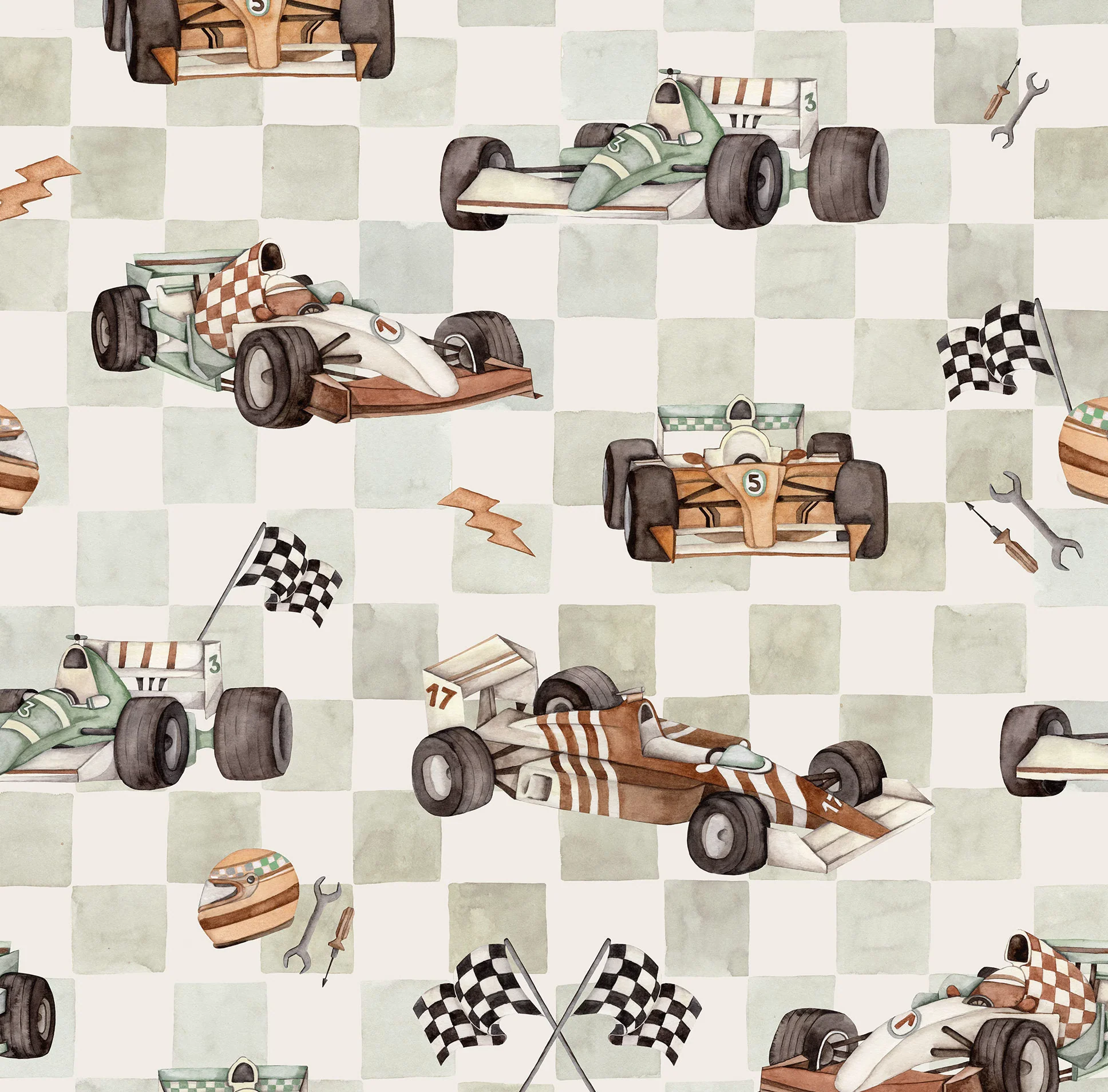 Vintage Racing Cars behang – Olijfkleurig
