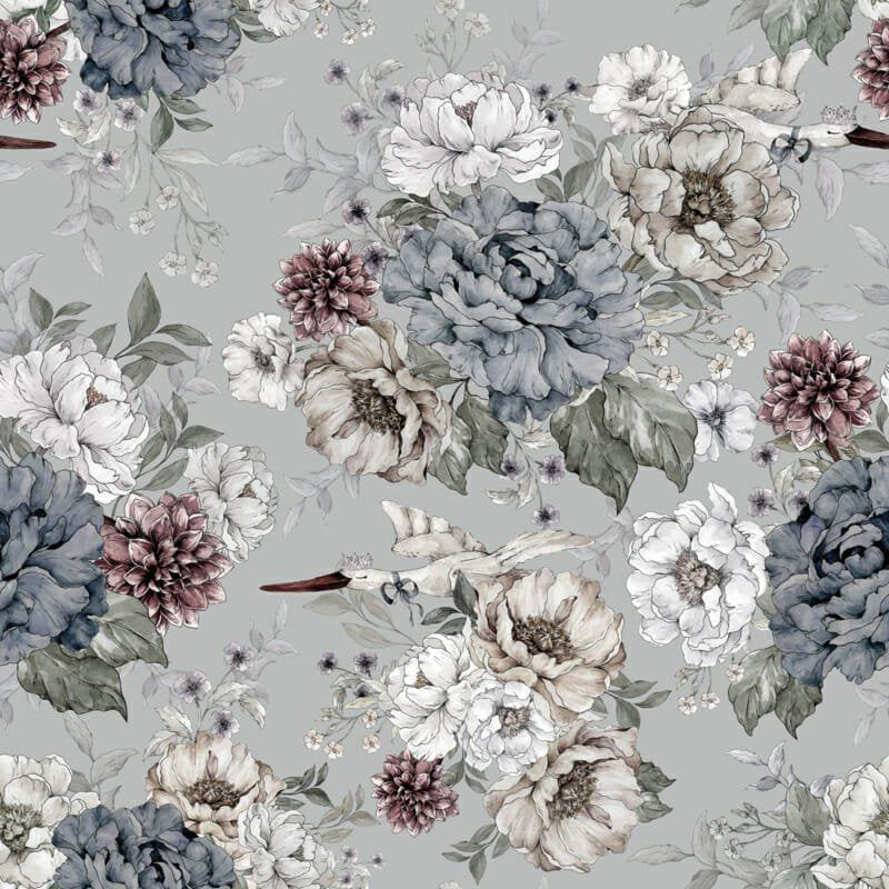 ‘@dehuismuts Wallpaper Flowers and Storks- Dreamy Gray & Green