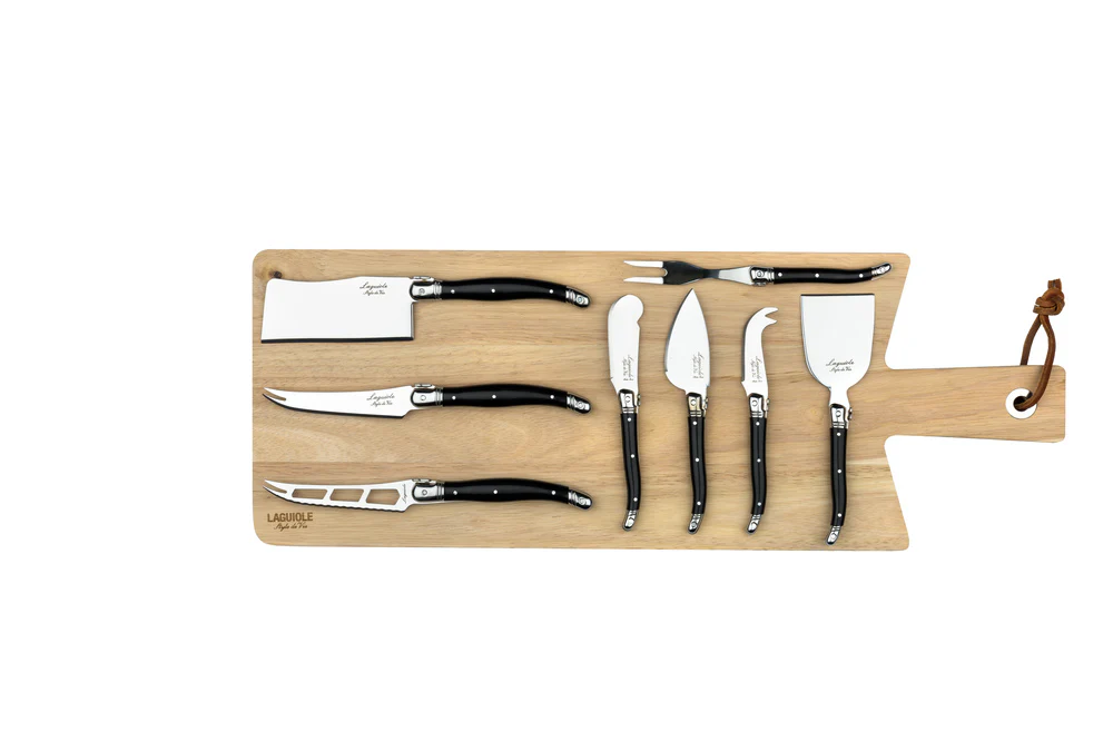 Laguiole Premium Line 8 Kaasmessen Zwart met Houten Serveerplank