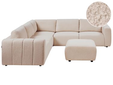 Canapé d'angle modulable 5 places KIVVIK Bouclé Beige avec ottoman Côté droit