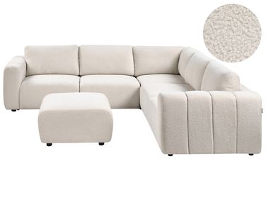 Canapé d'angle modulable 5 places KIVVIK Bouclé Blanc cassé avec ottoman Côté gauche