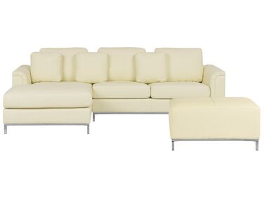 Canapé d'angle 5 places OSLO Cuir Beige clair avec ottoman Côté droit
