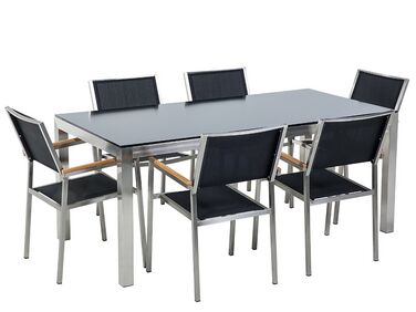 Garden Dining Set 6 Seater GROSSETO Tempered Glass Black