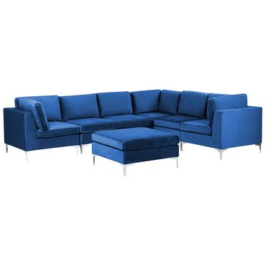 Canapé d'angle modulable 6 places EVJA Velours Bleu marine avec ottoman Côté gauche