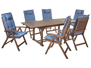 Salle à manger de jardin 6 places AMANTEA avec coussins Acacia Bleu