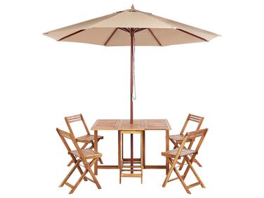 Salle à manger de jardin 4 places FRASSINE avec parasol (12 options) Acacia Naturel