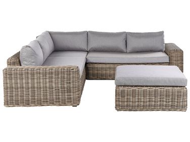 Canapé d'angle de jardin avec ottoman 6 places PALERMO Polyrotin Marron clair