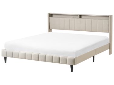 Bed met LED-verlichting Stof BEAULIEU 180 x 200 cm met opbergruimte met USB-poort Beige